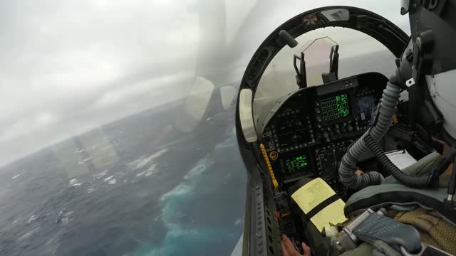 F18 carrier landing in bad weather with low visibility