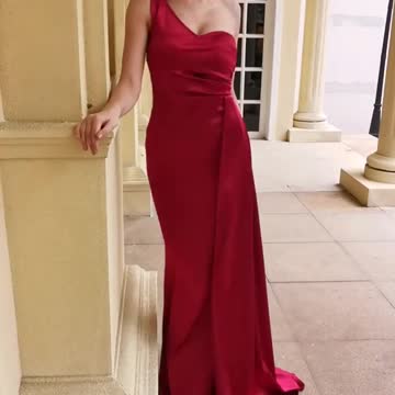One Shoulder Padded Satin Maxi Dress
