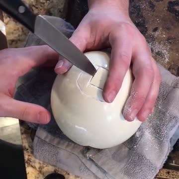 Guy cuts open ostrich egg and chugs/shotguns it in kitchen