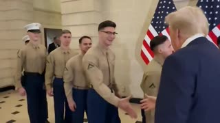 President Trump greets U.S. Marines that are stationed in France