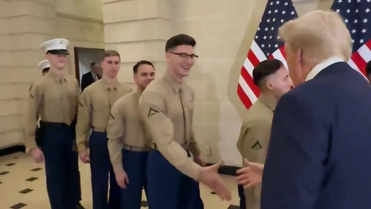President Trump greets U.S. Marines that are stationed in France