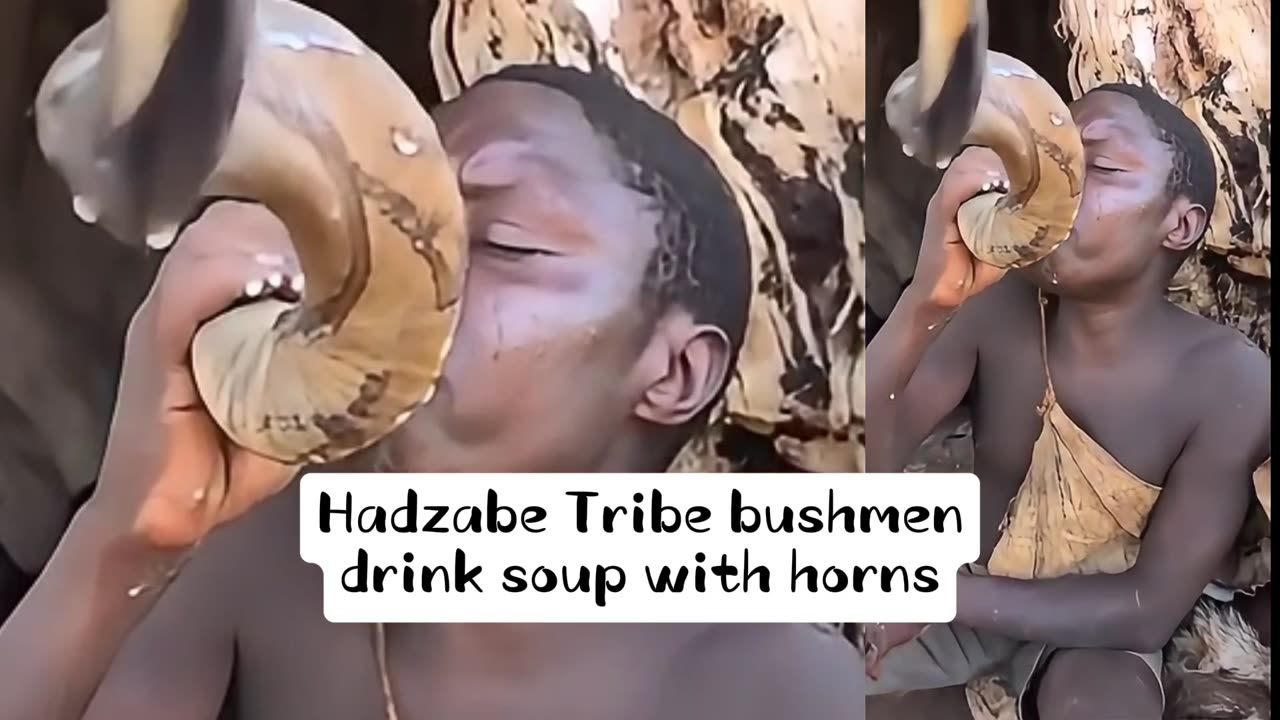 Hadzabe Tribe Bushmen drink soup with horn