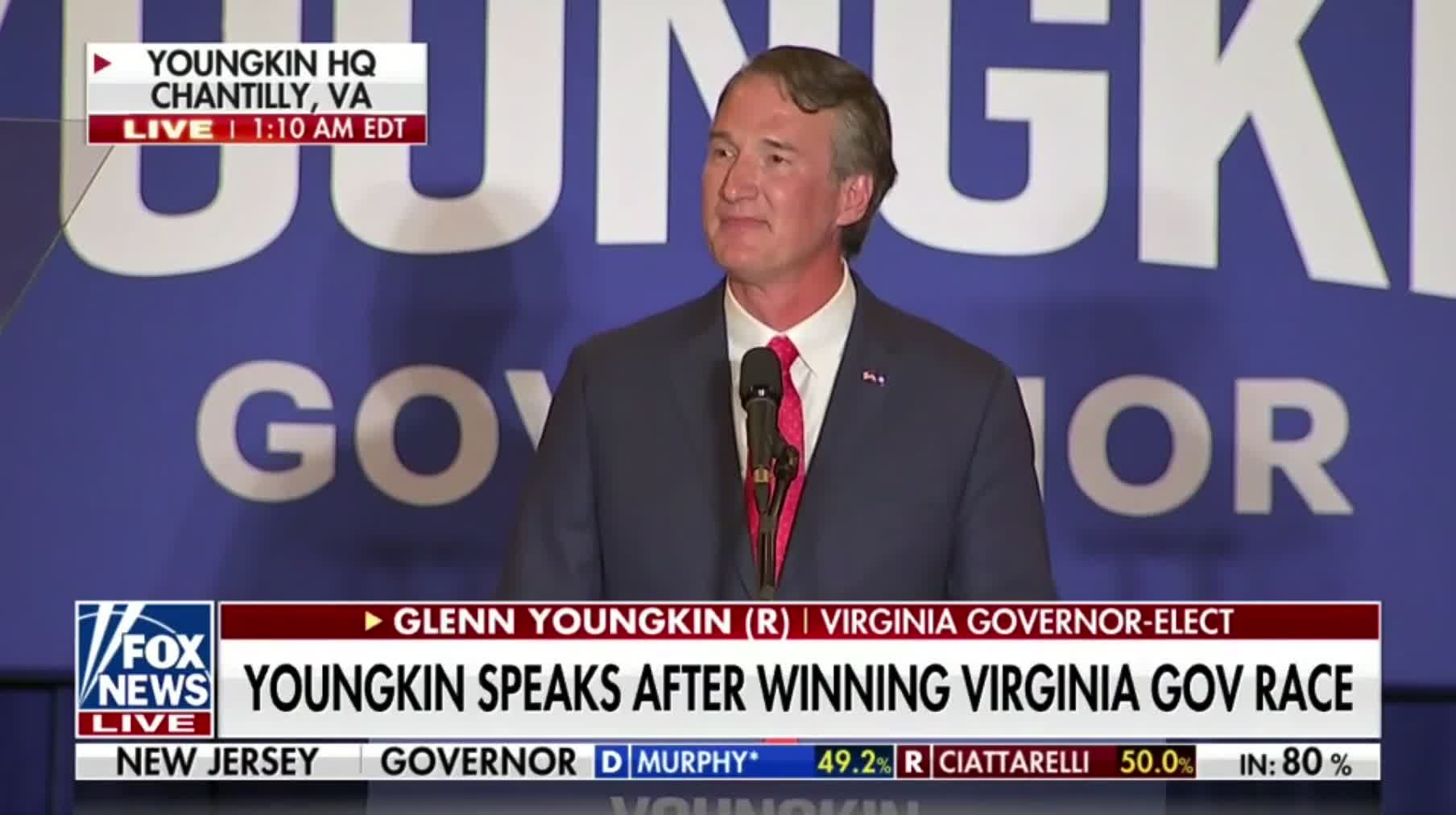 Governor-elect Glenn Youngkin gives an energetic acceptance speech