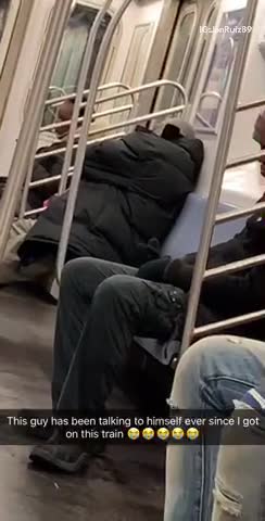 Guy talks to himself on subway train