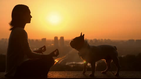 meditating with dog in the sunset