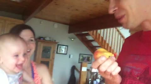 Baby laughing hysterically at dad eating a peach