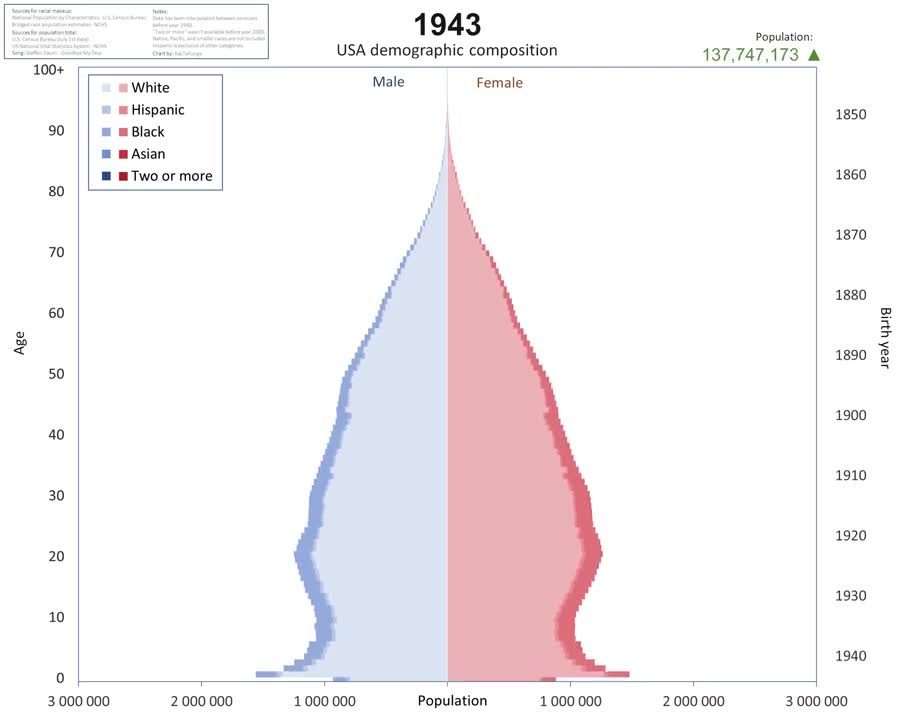 USA Racial Composition Population Pyramid 1900-2020