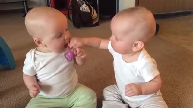 These twin baby girls are so cute fighting over this pacifier!