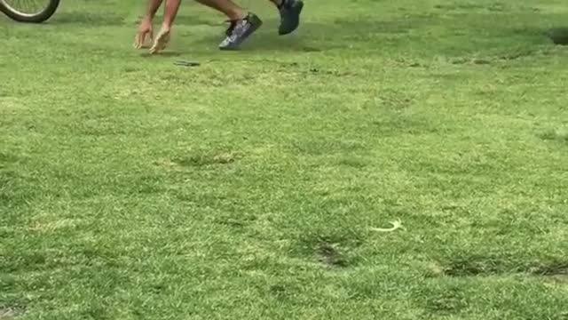 Guy maroon shirt trying to practicing standing up on surfboard park grass