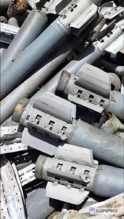 Recovered cluster munition rocket boosters 9M55K rockets and containers in Kharkiv