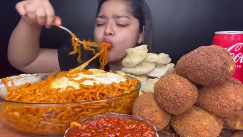 CHEESY SPICY FIRE NOODLES CRISPY CHEESY CHICKEN DRUMSTICKS KEBABS WITH CHICKEN MOMOS _MUKBANG