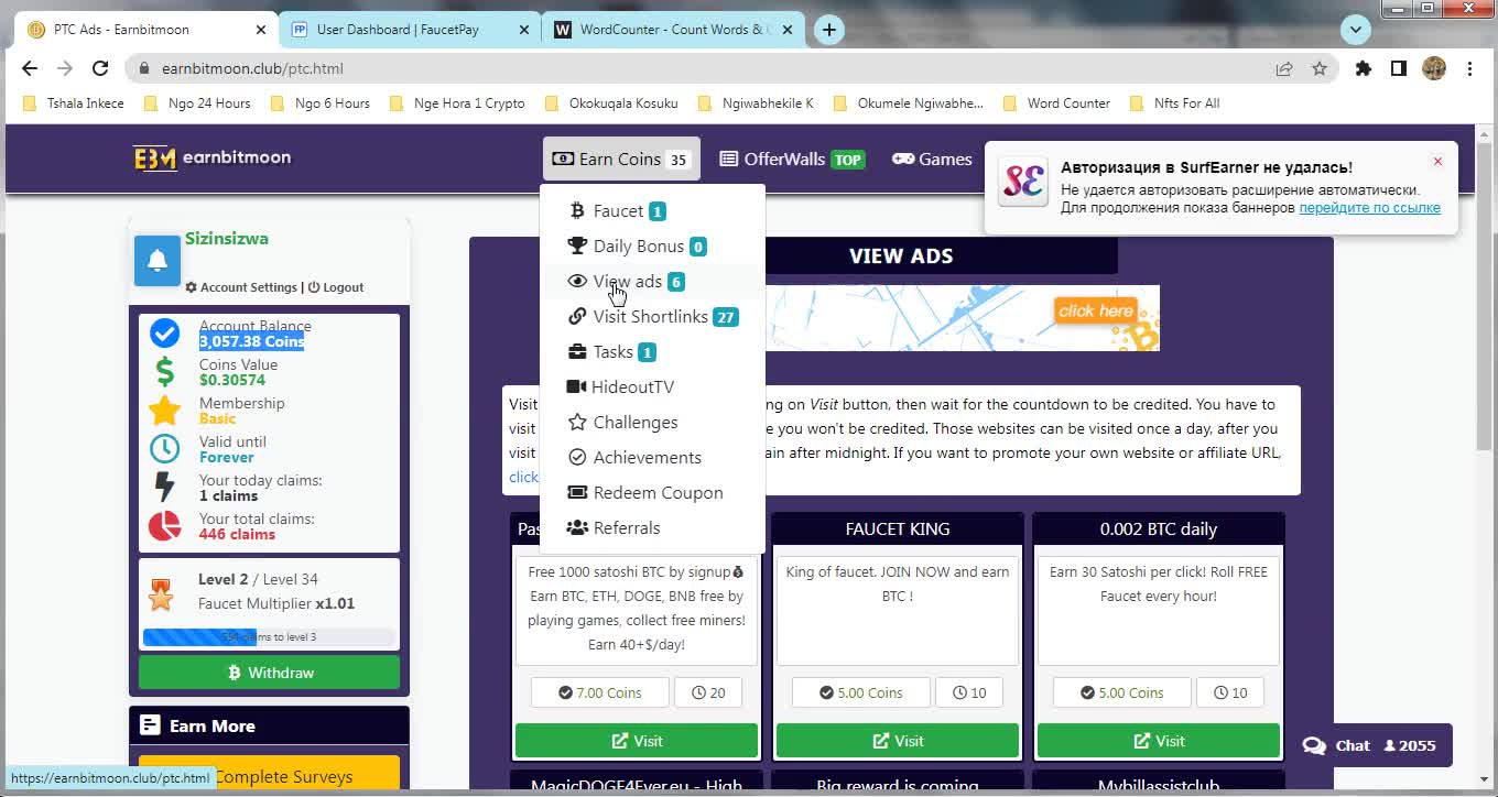 How To Claim Free Paid To Click Ads Bitcoin Cash Coins At Earnbitmoon & Instant Withdraw FaucetPay