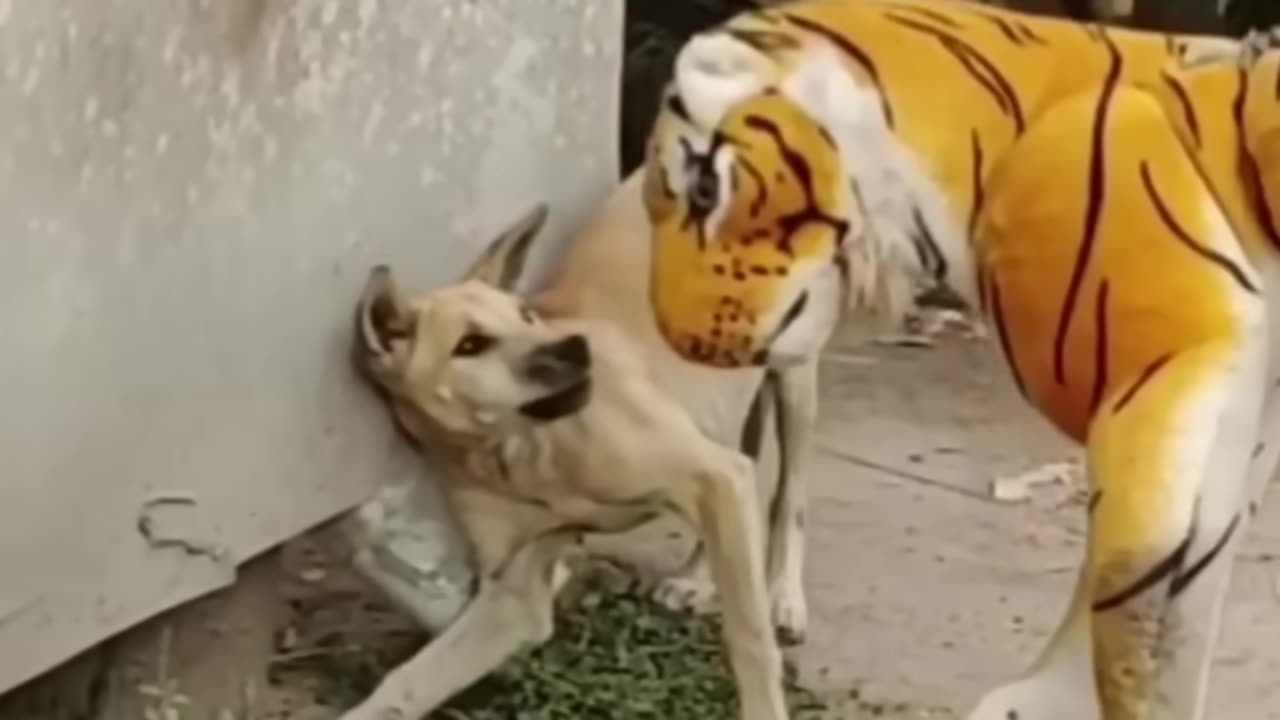 Fake lion prank to dog