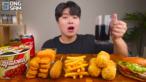 ASMR MUKBANG | BURGER, black bean noodles, cheese stick, hot dog recipe ! eating