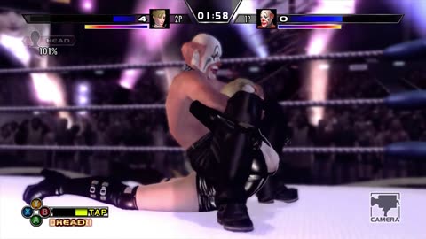 Rumble Roses XX - Sebastian executing camel clutch on Mistress