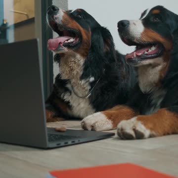 two dogs watch videos on laptop looking preety