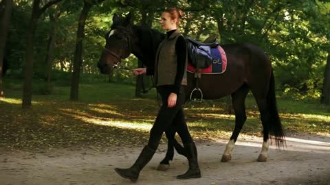 Young attractive woman walking with the horse in forest in autumn
