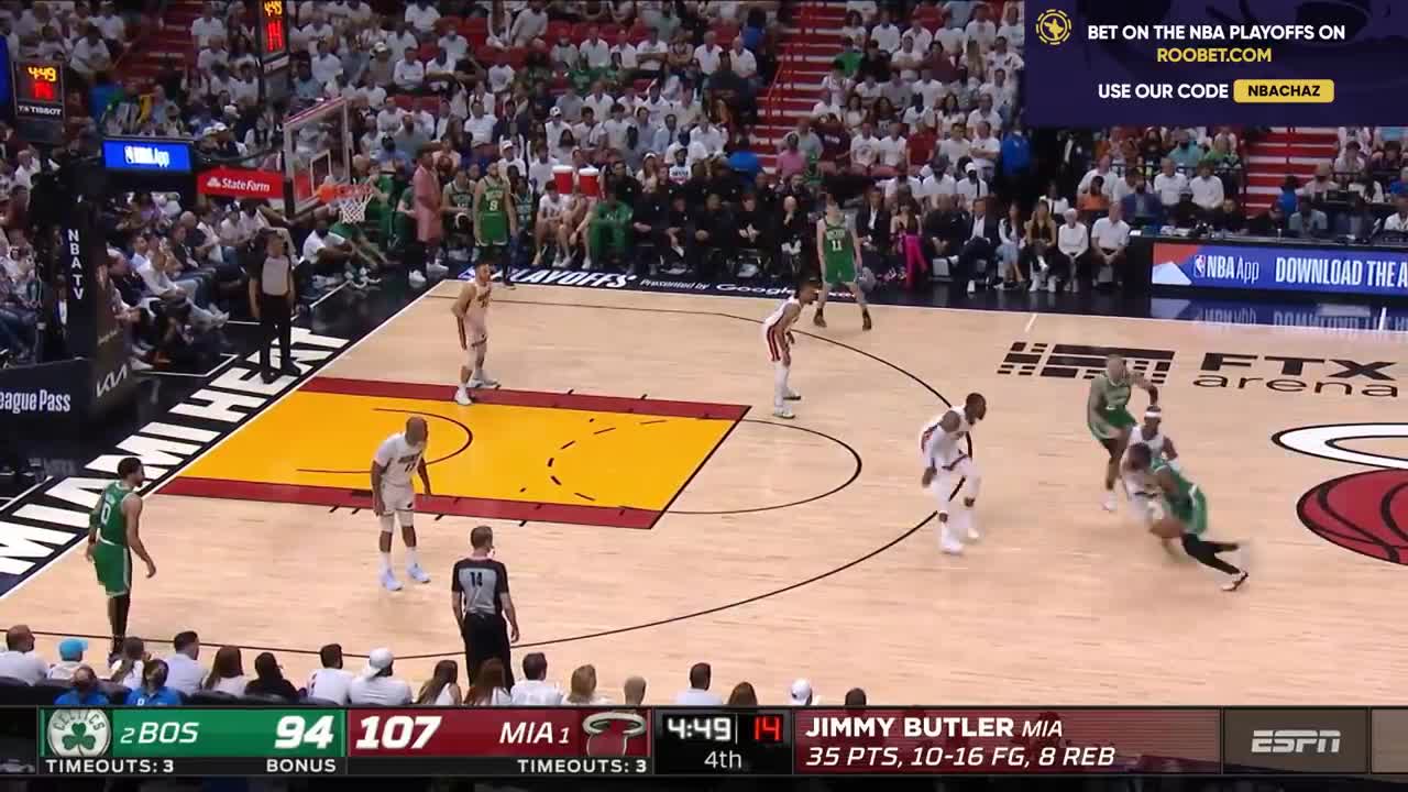 Jimmy Butler swats Jayson Tatum's 3 into the stands and let’s him hear it in game 1