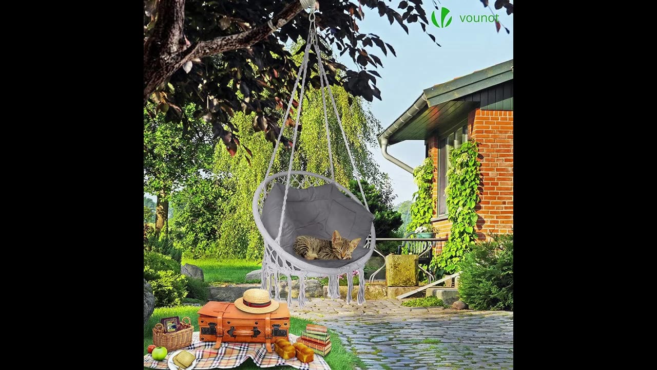 Poltrona Sospesa da Giardino, Sedia Amaca Altalena Macrame con Cuscino per Interni Esterno Giardino