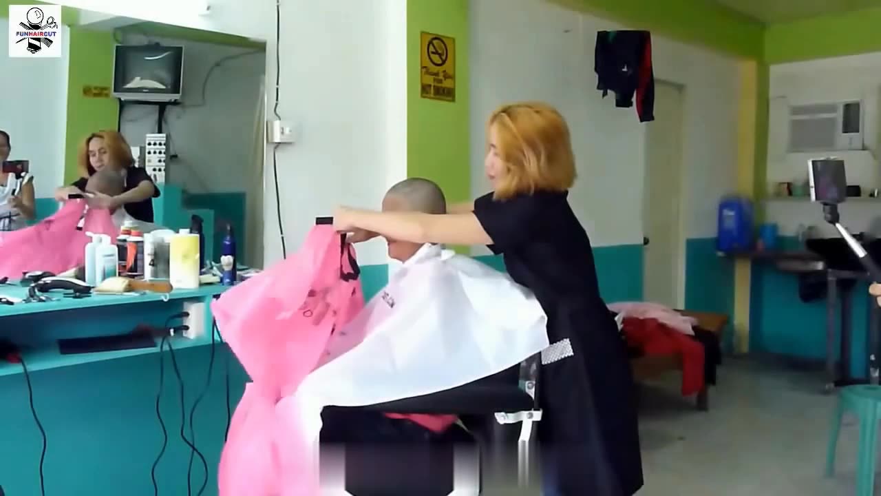 Girl shaved from long hair to bald