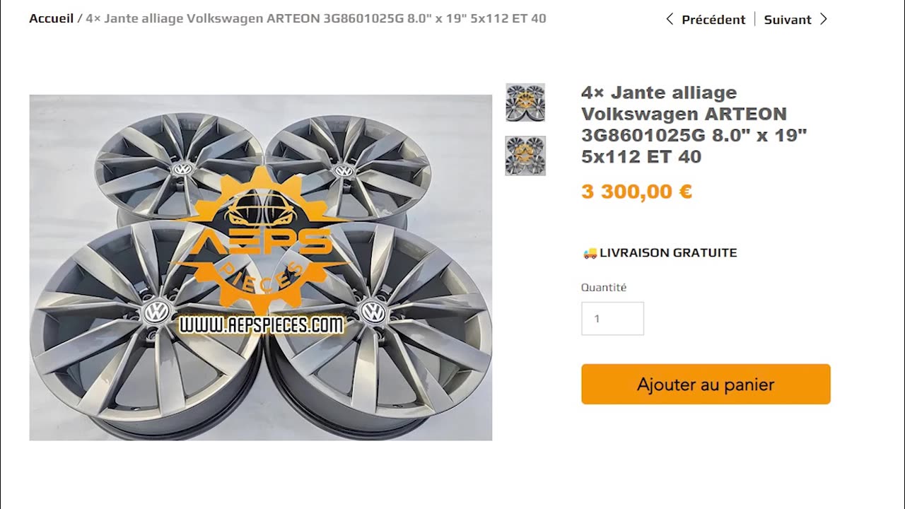 4× Jante alliage Volkswagen ARTEON 3G8601025G 8.0" x 19" 5x112 ET 40