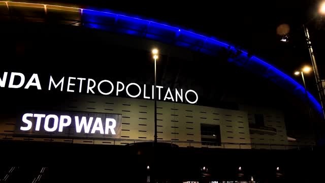 Atletico Madrid's stadium lights up in Ukrainian flag