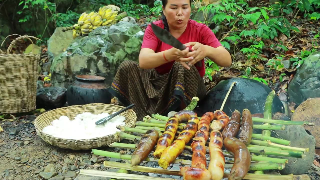 survival in the rainforest-found eggplant with sausage for cook & give to pets HD