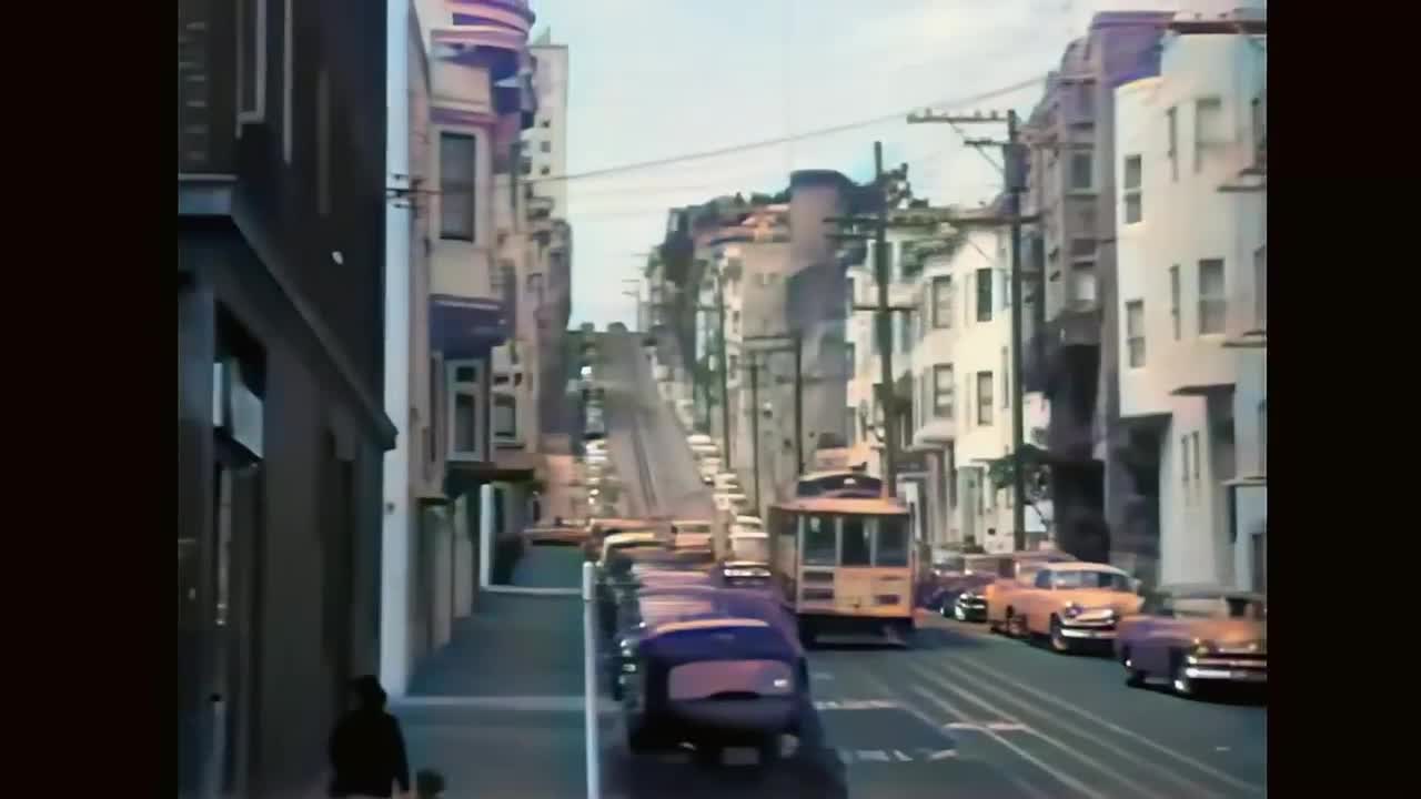 Downtown San Francisco 1950s in color [60fps, Remastered] w_sound design added