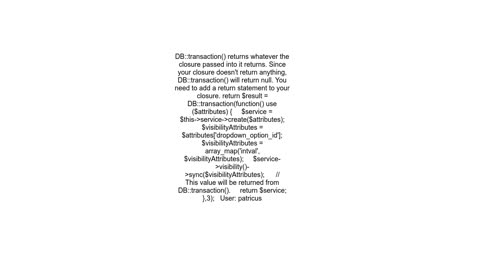 Laravel transaction return null