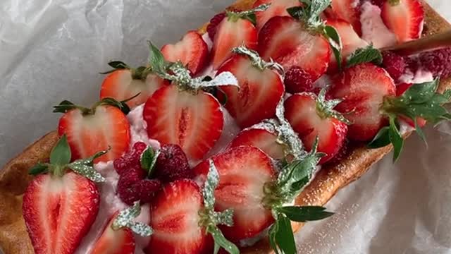 Fruit cake.Strawberries.With a cup of coffee.