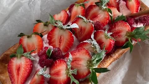 Fruit cake.Strawberries.With a cup of coffee.