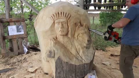 AMAZING CHAINSAW wood carving, Native American with wolves