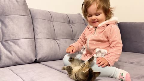 Cute Baby Meets New Baby Kitten for the First Time!