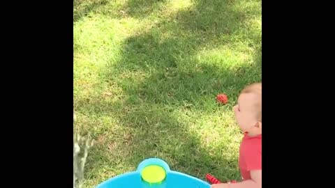 A happy moment for the baby to play with water