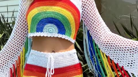 Crochet Rainbow Fringe Tassel Beach Cover Up