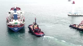 Drone footage shows grain ship leaving Odesa port