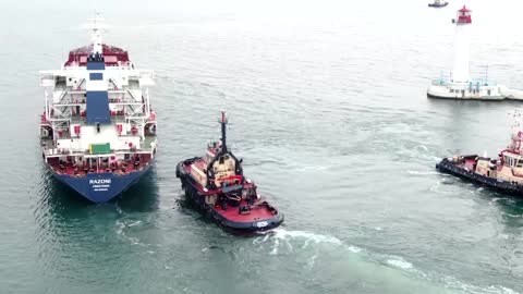 Drone footage shows grain ship leaving Odesa port
