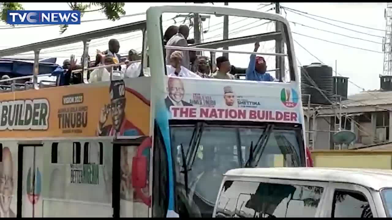(EXCLUSIVE) Tinubu Drives Round Lagos In Campaign Truck, Waves At Residents