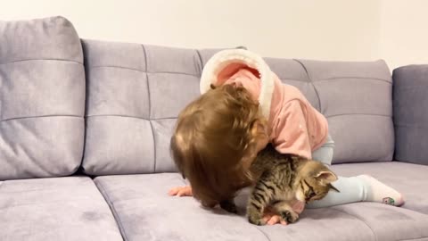 Cute Baby Meets New Baby Kitten for the First Time!