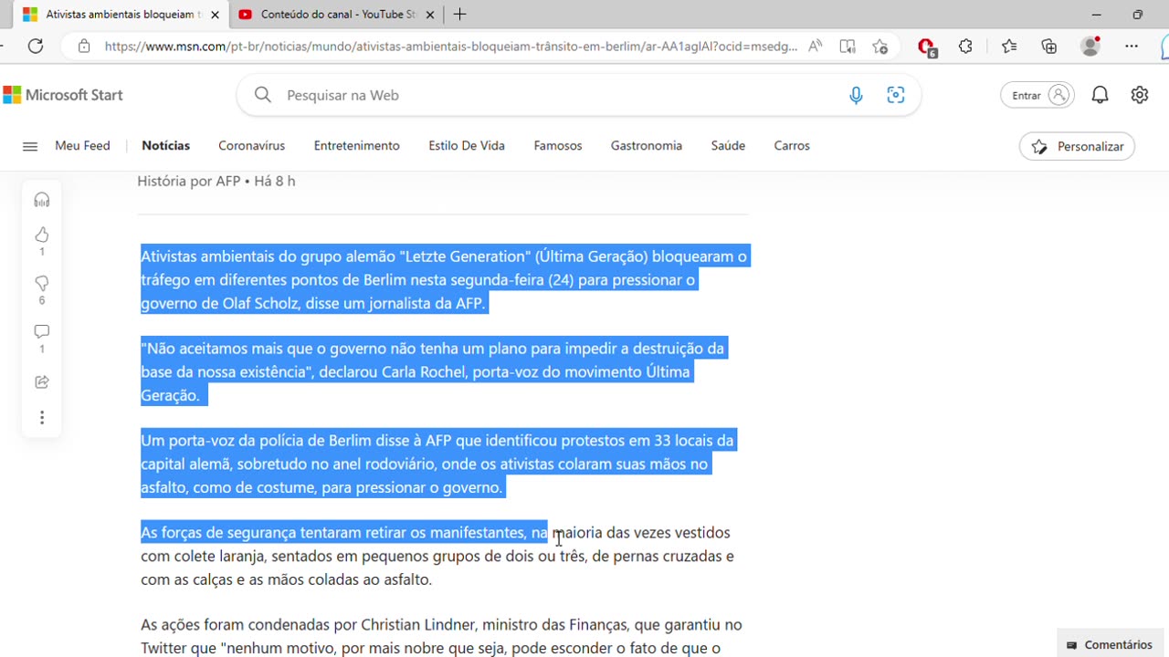 Ativistas ambientais bloqueiam trânsito em Berlim