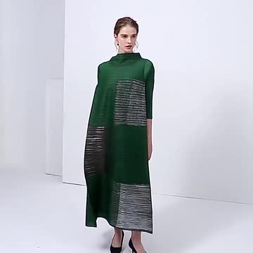 Women's pleated clothes 2022 stand collar color block printing loose stretch fabric dress