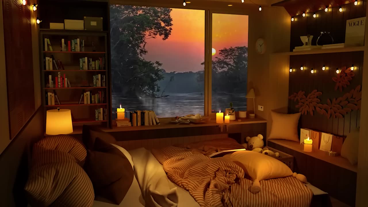 Cozy Nook Relaxing Jazz 🎷Cozy Comfort Ambient Sounds Evening Lakeview Bedroom Piano Jazz Music