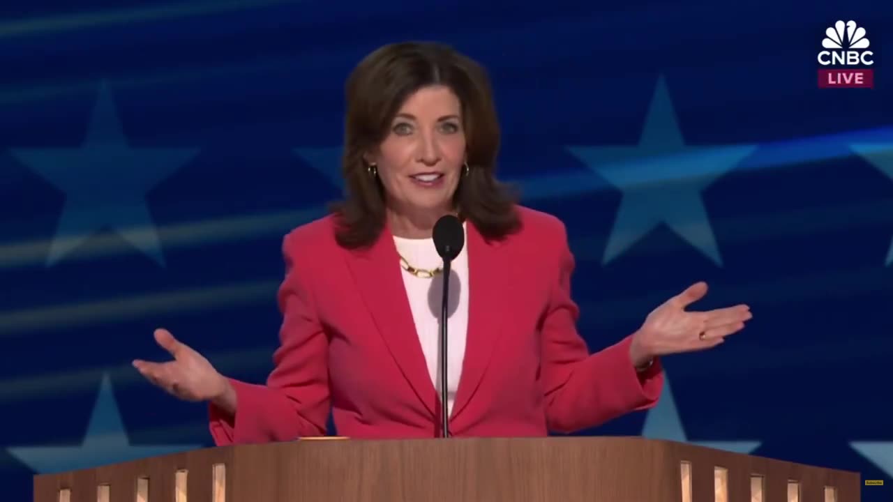 Governor Kathy Hochul brags about New York prosecuting President Trump at the DNC convention