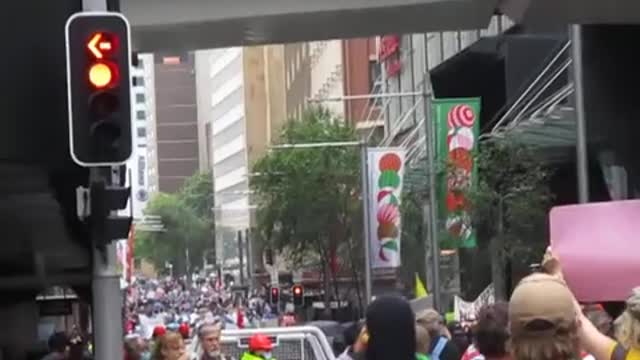 Sydney Freedom Rally: Crowd moves from Hyde Park along Market Street