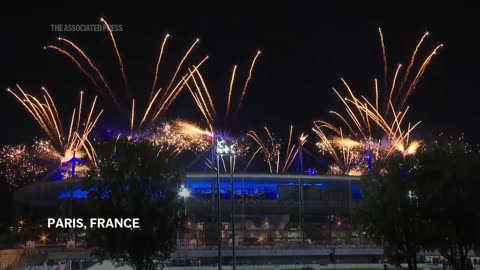 Fireworks mark the end of the closing ceremony of the Paris Olympics