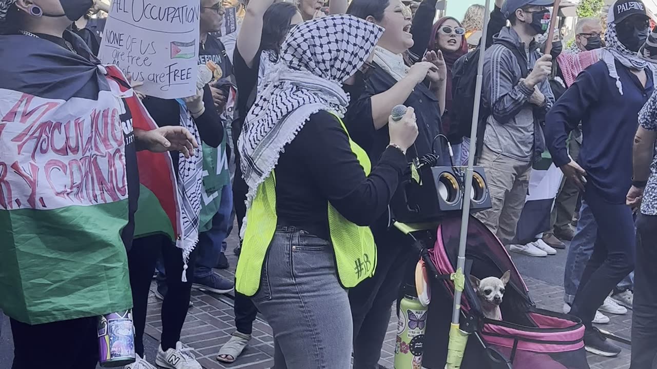 Palestine Protester blast speaker next dogs ears