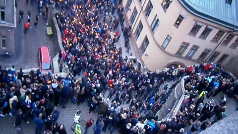 Manifestation mot fotbollsvåldet. Sett från Terrastrapporna, Helsingborg 31 Mars 2014