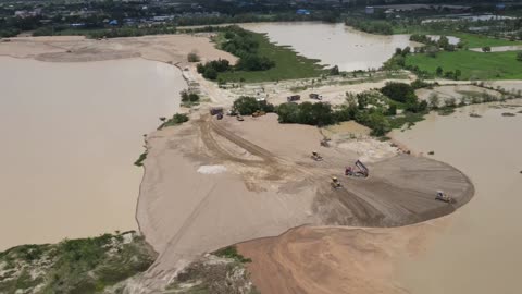 Exciting Wonderful Sand Filling with Bulldozer Pushing and Dump Truck unloading Sand into Water