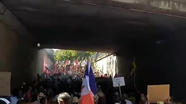 Protesters sing the anthem of the Yellow Vests during the demonstration in Albi (southern France)