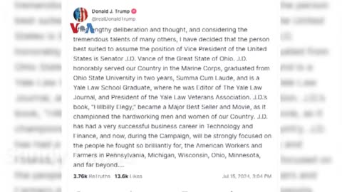 Trump Umumkan Wakil Presidennya J.D. Vance Hanya Melalui Akun Medsos TRUTH Social Miliknya